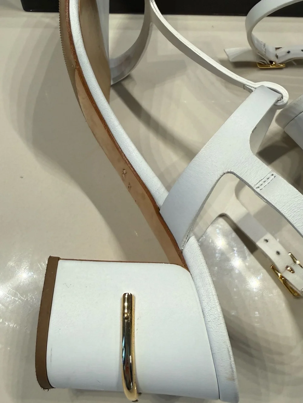 Giuseppe Zanotti White T-Strap Block Heel Sandals with Gold Accent